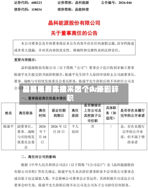 晶科能源实控人之〖One〗、副董事长陈康平因个人原因辞职-第2张图片