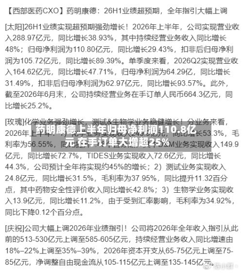 药明康德上半年归母净利润110.8亿元 在手订单大增超25%